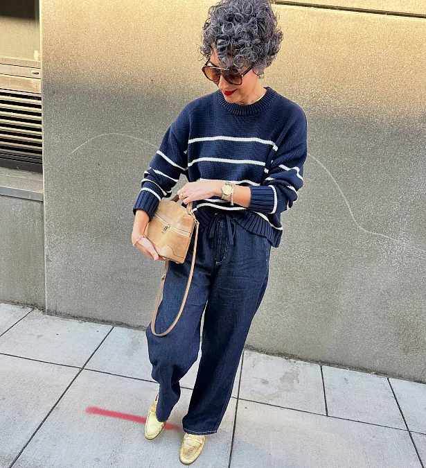 Striped Knit + Dark Jeans + Gold Loafers