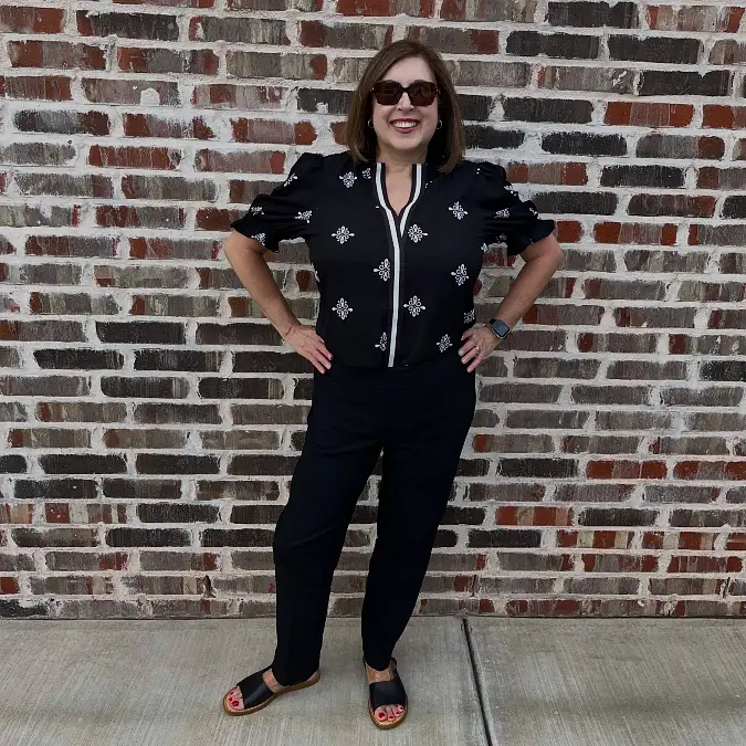 Black Printed Blouse and Slim Trousers