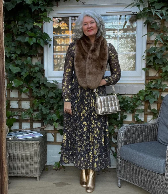 Dark Floral Dress with Faux-Fur Collar