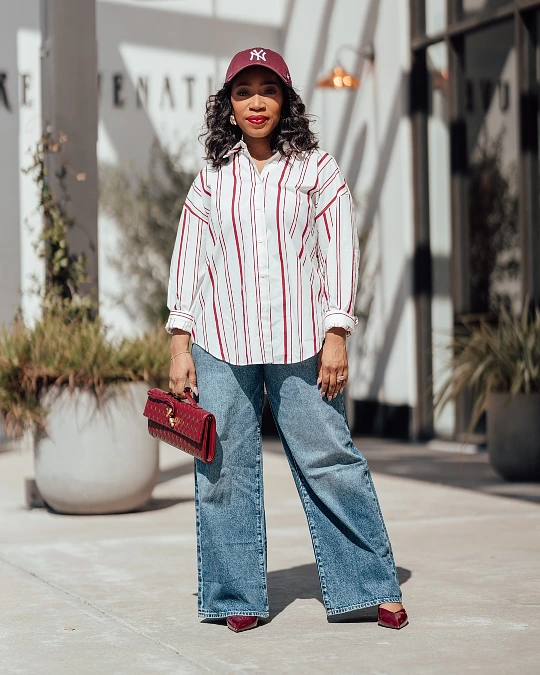 Striped Shirt + Wide Jeans + Burgundy Accents