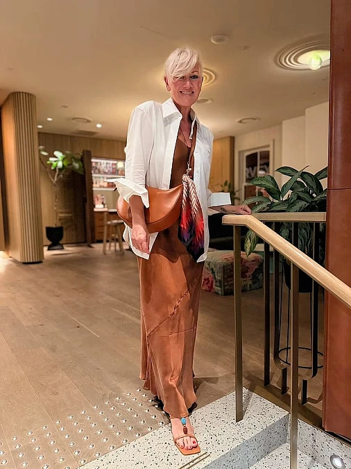 White Shirt and Copper Satin Skirt