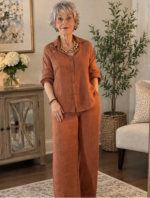 Rust Monochrome Shirt and Wide-Leg Pants