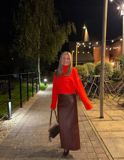 Red Knit and Chocolate Leather