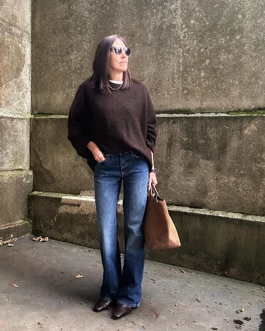 Chocolate Sweater and Flared Jeans