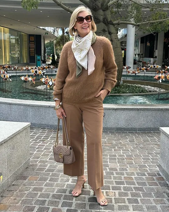 Tonal Camel Layers With a Silk Scarf