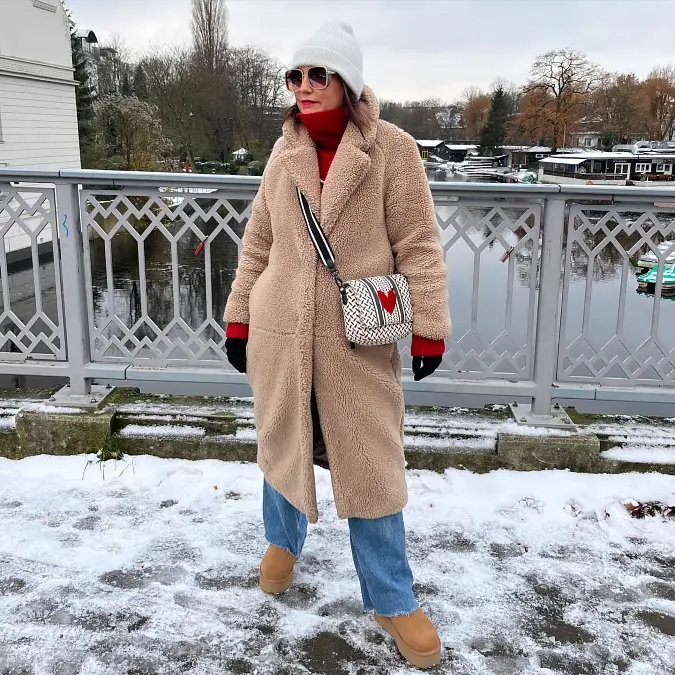 Teddy Coat With a Red Turtleneck
