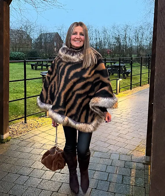 Animal Print Cape With Faux Fur