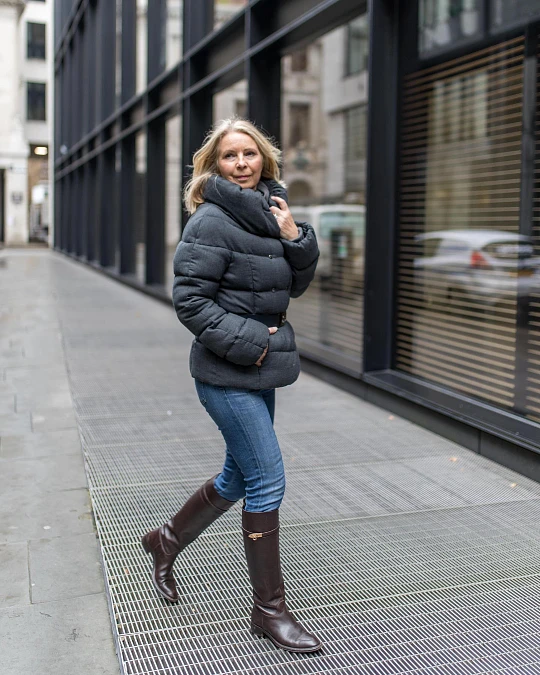 Belted Puffer With Tall Brown Boots