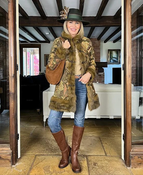 Tapestry Coat With Faux Fur Trim