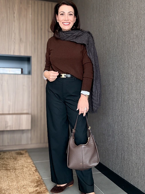 Chocolate Knit With Tailored Black Trousers