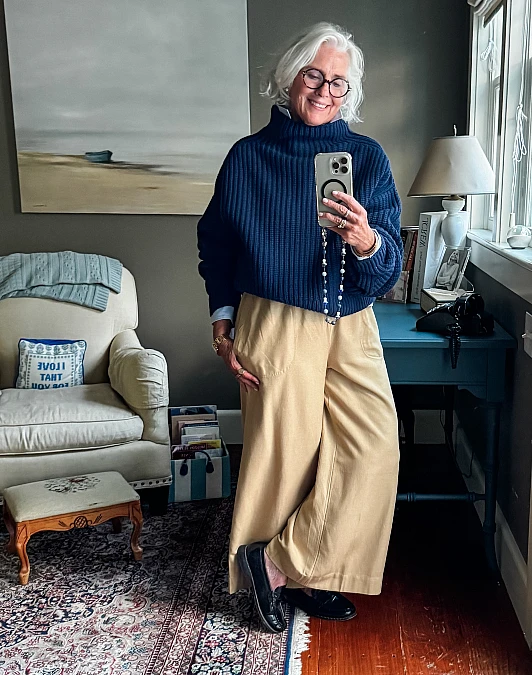 Navy Knit With Camel Wide Leg Pants