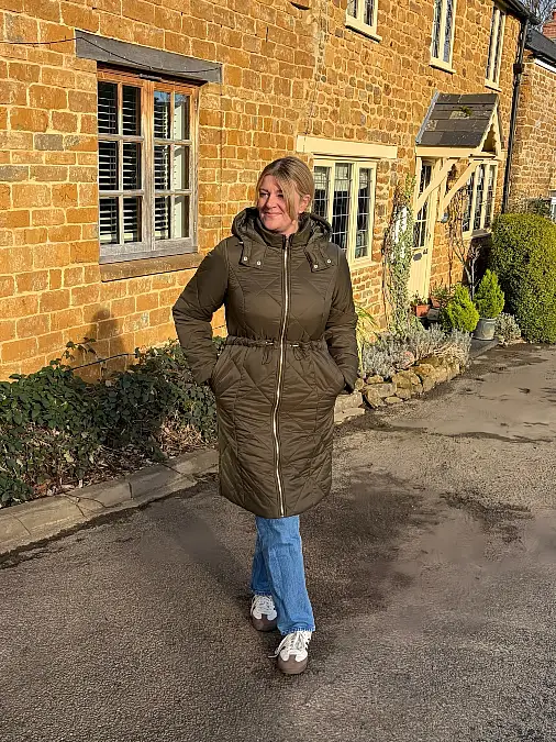 Quilted Olive Parka With Straight Jeans