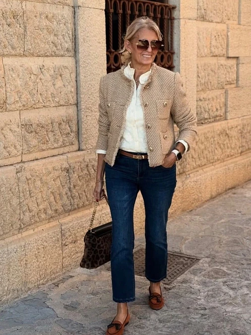 Beige Tweed Jacket and Dark Denim