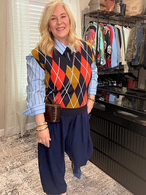 Colorful Argyle Sweater Vest and Wide-Leg Trousers