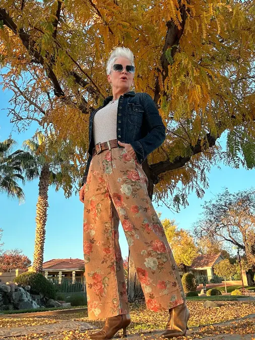 Floral Wide-Leg Trousers and Denim Jacket