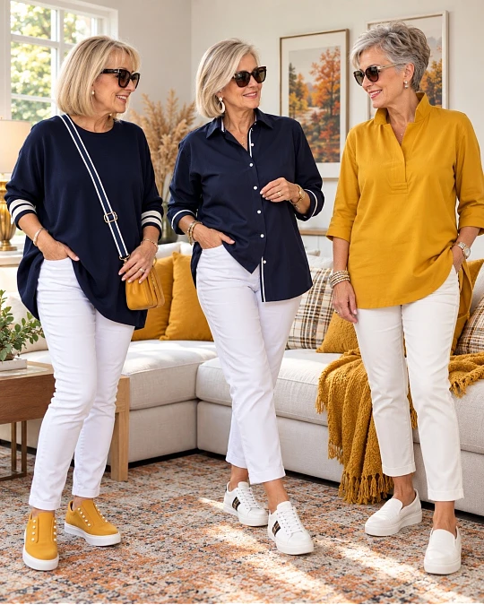Navy and Mustard Tops With White Pants
