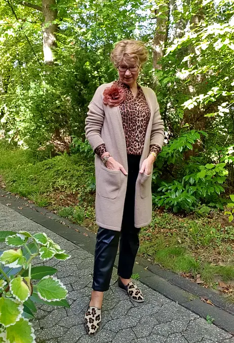 Leopard-Print Blouse and Long Neutral Cardigan