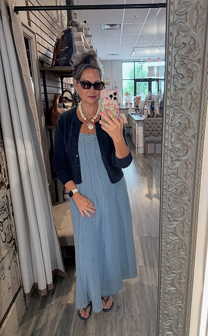 Light Denim Maxi Dress + Cropped Black Cardigan
