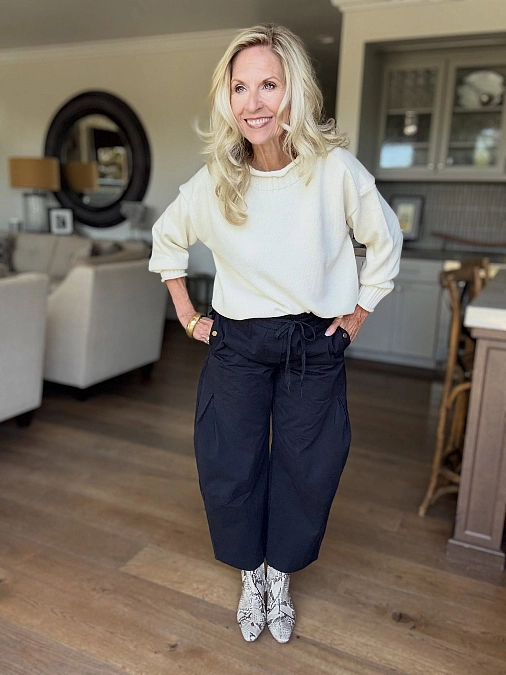 Cream Knit Sweater + Navy Barrel-Leg Pants