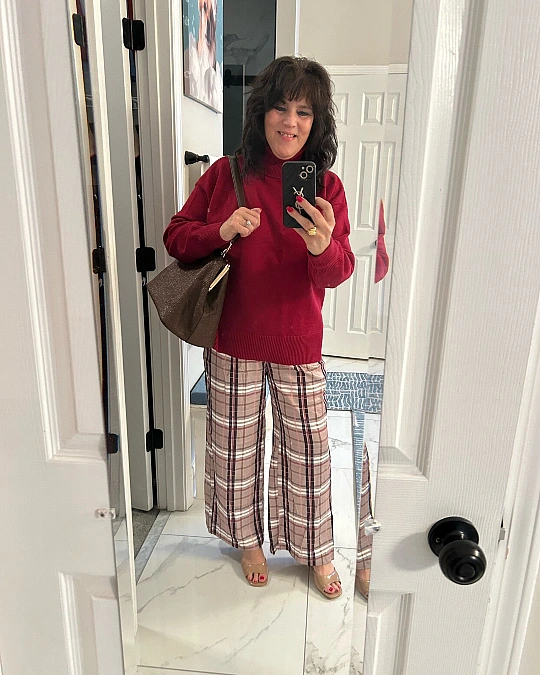 Burgundy Turtleneck and Plaid Wide-Leg Pants