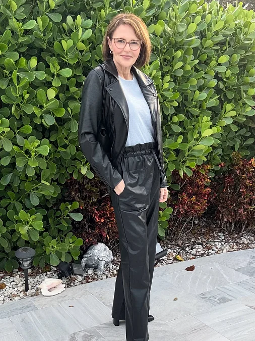 Black Leather Jacket and Wide-Leg Trousers