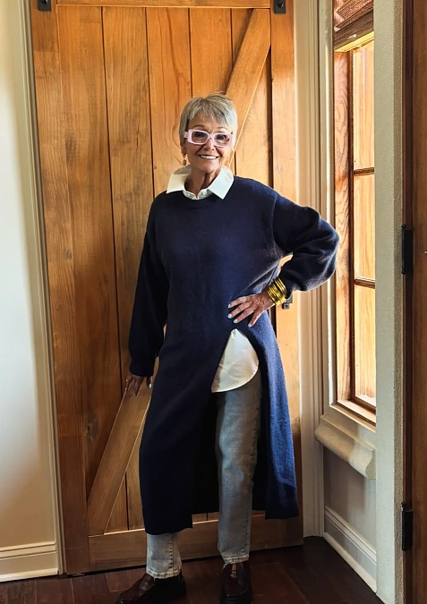 Navy Longline Sweater and Layered White Shirt