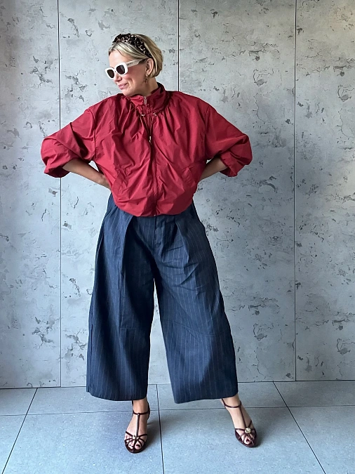 Burgundy Statement Blouse and Pinstripe Trousers
