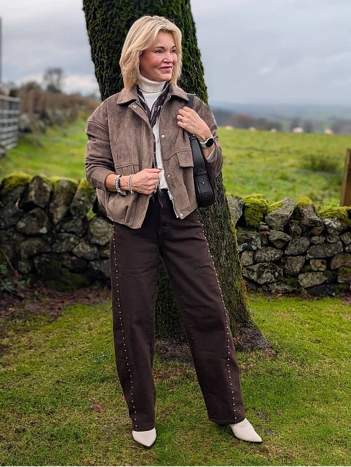 Taupe Suede Jacket and Chocolate Brown Trousers
