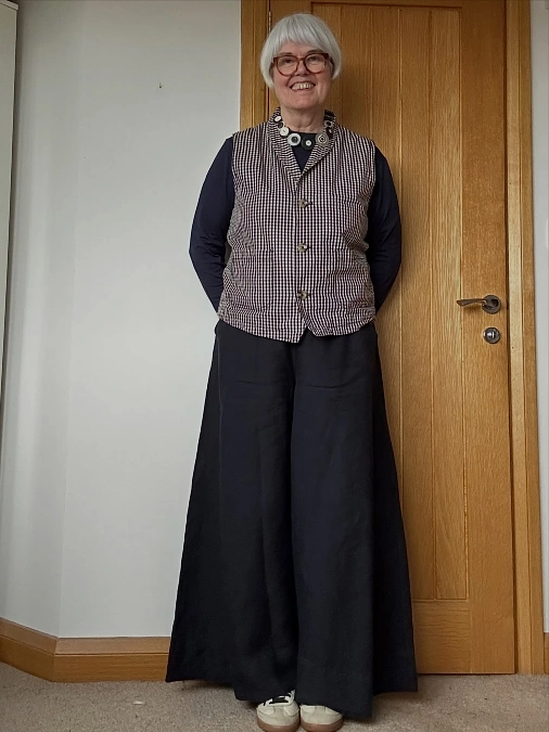 Gingham Waistcoat and Black Wide-Leg Trousers