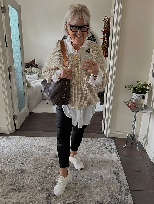 Cream Knit + White Shirt + Black Pants