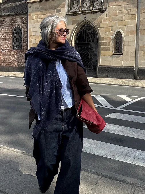 Navy Shawl and Relaxed Dark Denim