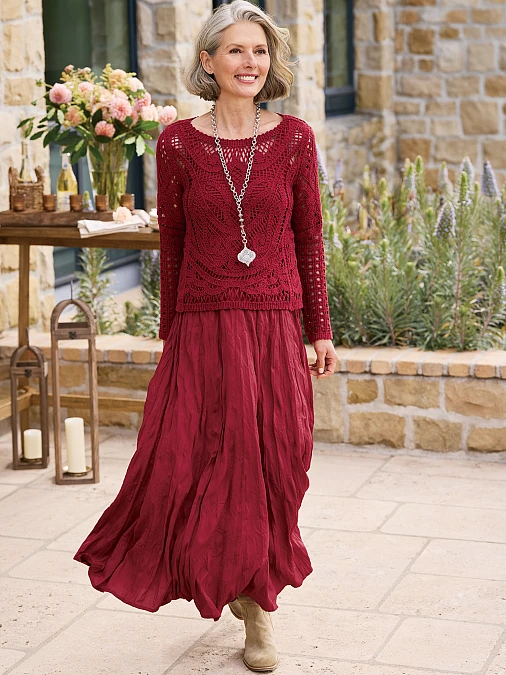 Burgundy Crochet Sweater and Flowing Maxi Skirt