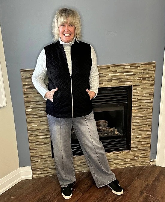 Black Quilted Vest and Soft Gray Denim