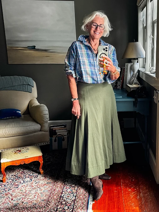 Blue Plaid Shirt and Sage Green Maxi Skirt
