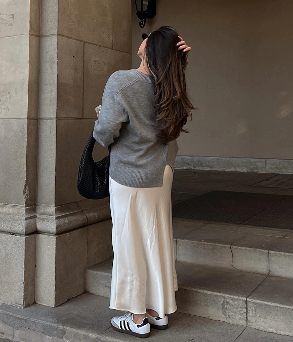 Gray Knit Sweater + Ivory Satin Skirt