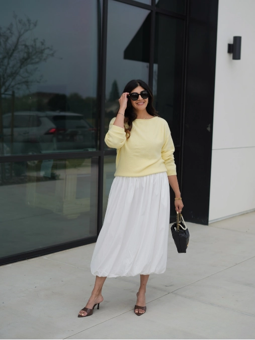 Butter Yellow Sweater and White Midi Skirt