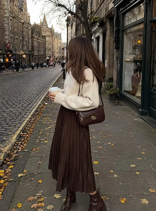 Cream Sweater and Chocolate Pleated Skirt