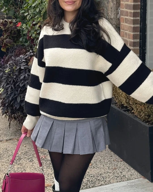 Black and Cream Stripes with Gray Pleats