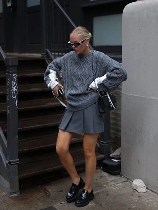 Charcoal Cable Knit + Pleated Mini Skirt