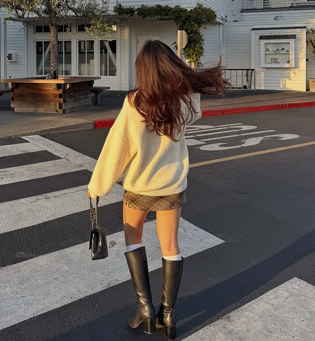 Cream Oversized Sweater and Plaid Mini Skirt