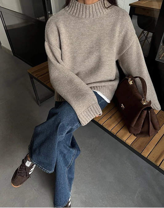 Taupe Turtleneck and Relaxed Blue Denim
