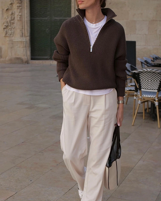 Chocolate Quarter-Zip and Cream Trousers