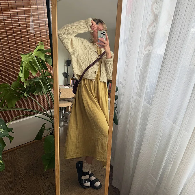 Cream Cable Knit Cardigan and Mustard Midi Dress