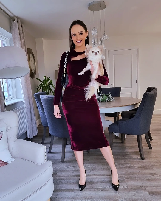 Burgundy Velvet Midi Dress with Black Heels