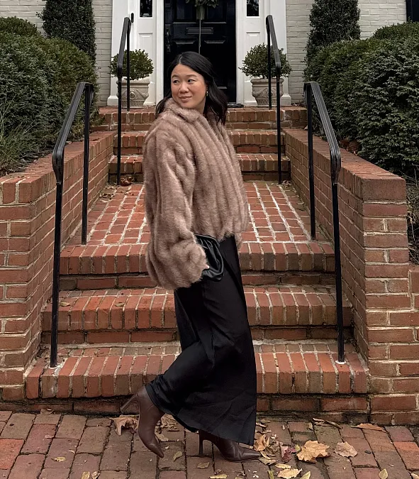 Taupe Faux Fur Jacket + Black Satin Skirt