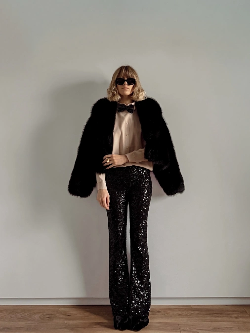 Black Sequin Trousers + Satin Blouse + Faux Fur