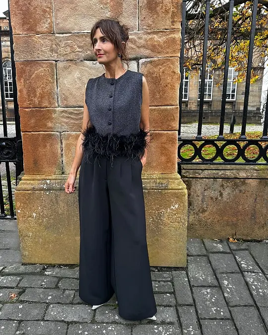 Charcoal Feather-Trim Top with Wide-Leg Trousers