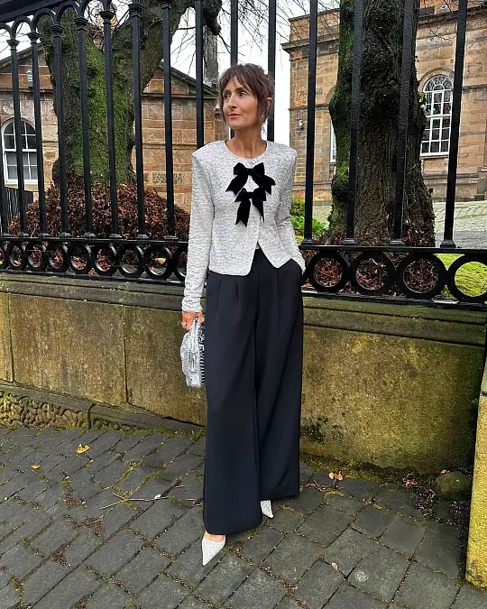 White Sequin Jacket with Black Wide-Leg Trousers