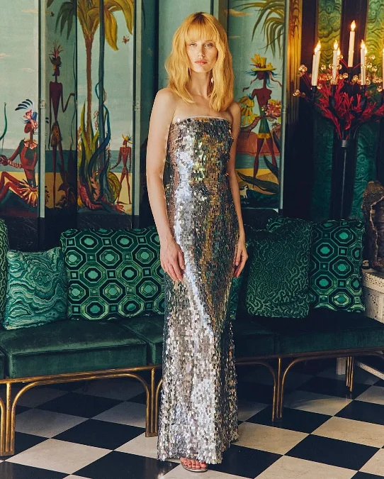 Silver Sequin Strapless Maxi Dress