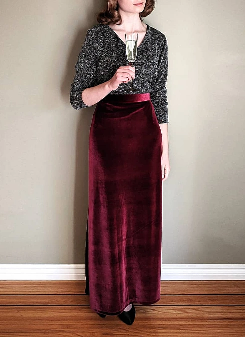 Burgundy Velvet Maxi Skirt with Sparkling Top